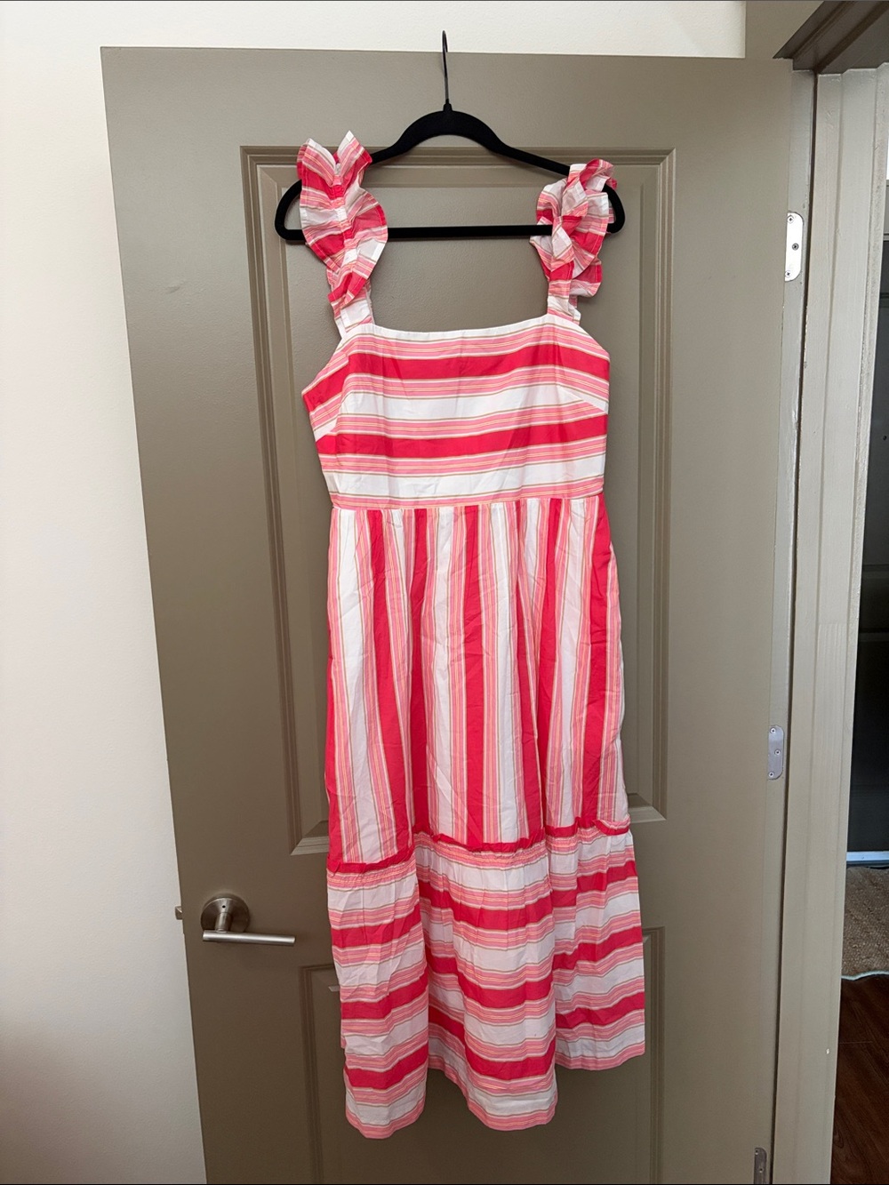 J. Crew Coral and White Striped Sundress with Elastic Ruffle Sleeves